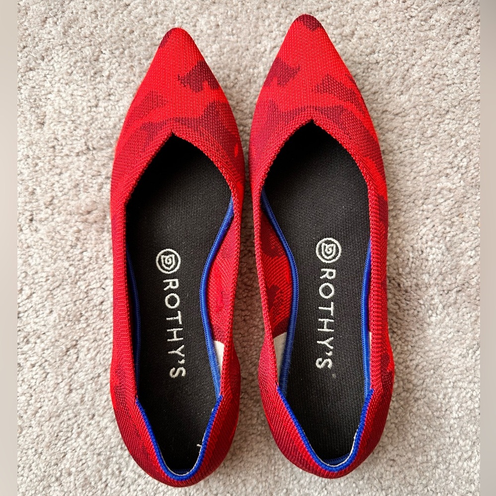 Rothy’s red camo point shoe. Women’s size 8.5. Excellent condition.